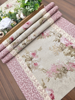 Běhoun - vintage zámecké růžičky na režné s růžovými ornamenty